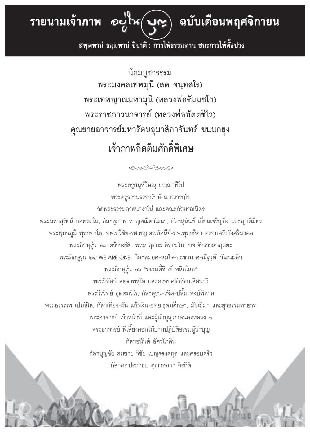 รายนามเจ้าภาพ อุไฉ บูร ฉบับเดือนพฤศจิกายน วารสารอยู่ในบุญประจำเดือน พฤศจิกายน พ.ศ.2558 หน้า 110
