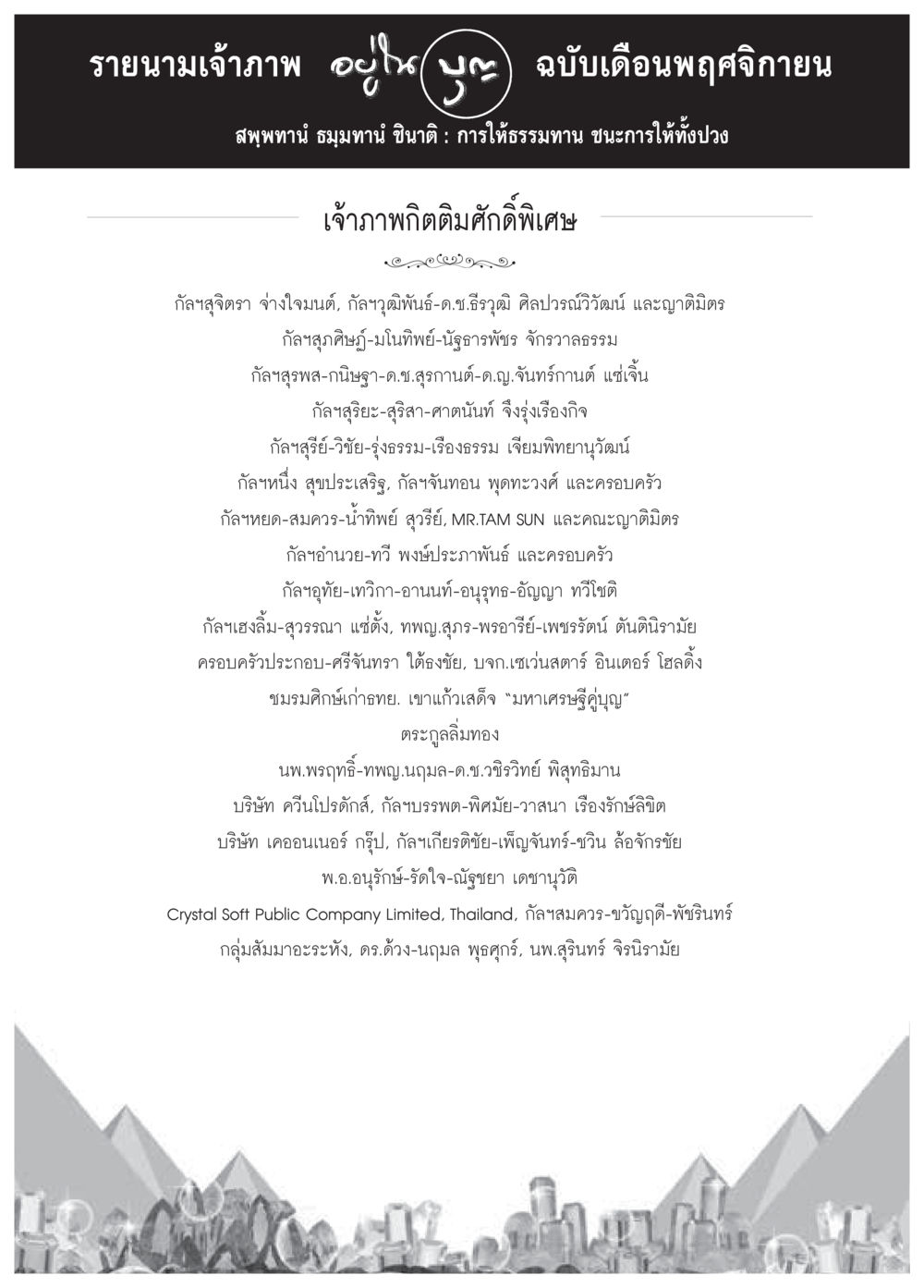 รายนามเจ้าภาพในฉบับเดือนพฤศจิกายน วารสารอยู่ในบุญประจำเดือน พฤศจิกายน พ.ศ.2558 หน้า 112