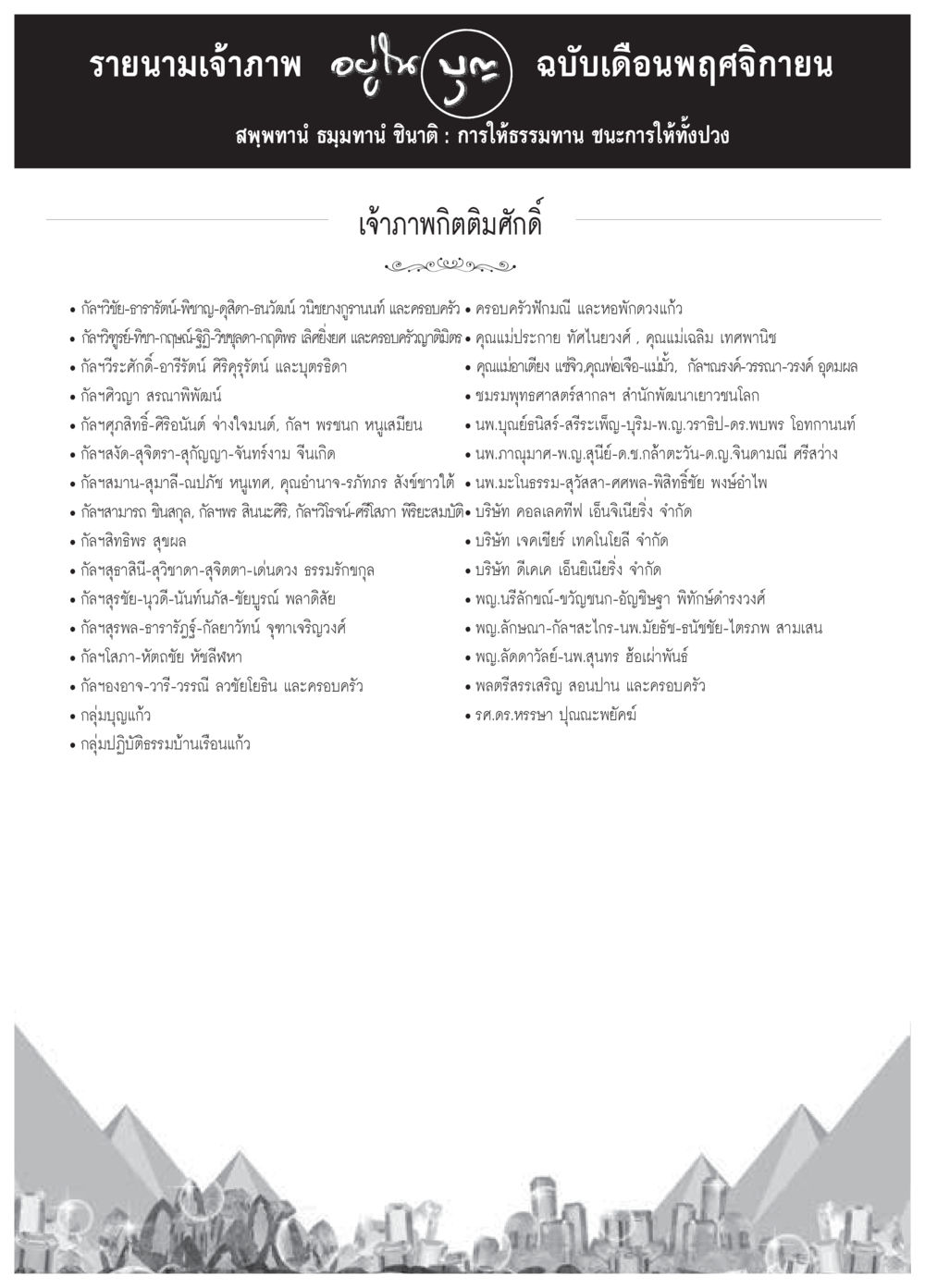 รายนามเจ้าภาพเดือนพฤศจิกายน วารสารอยู่ในบุญประจำเดือน พฤศจิกายน พ.ศ.2558 หน้า 114