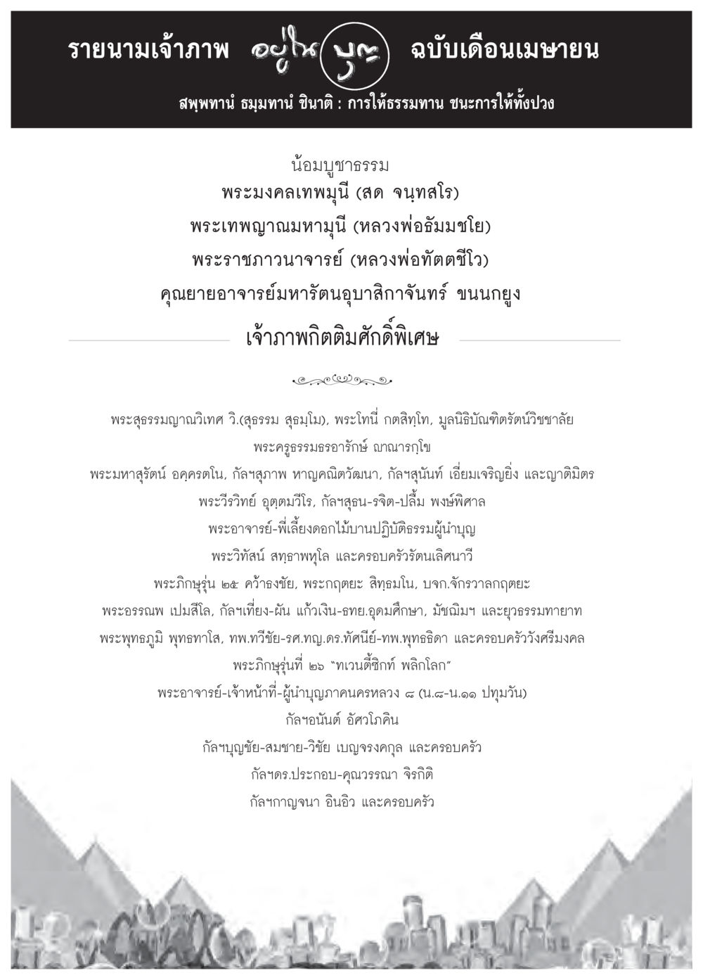 รายนามเจ้าภาพ อุปัชฌาย์ ฉบับเดือนเมษายน วารสารอยู่ในบุญประจำเดือนเมษายน พ.ศ.2559 หน้า 118