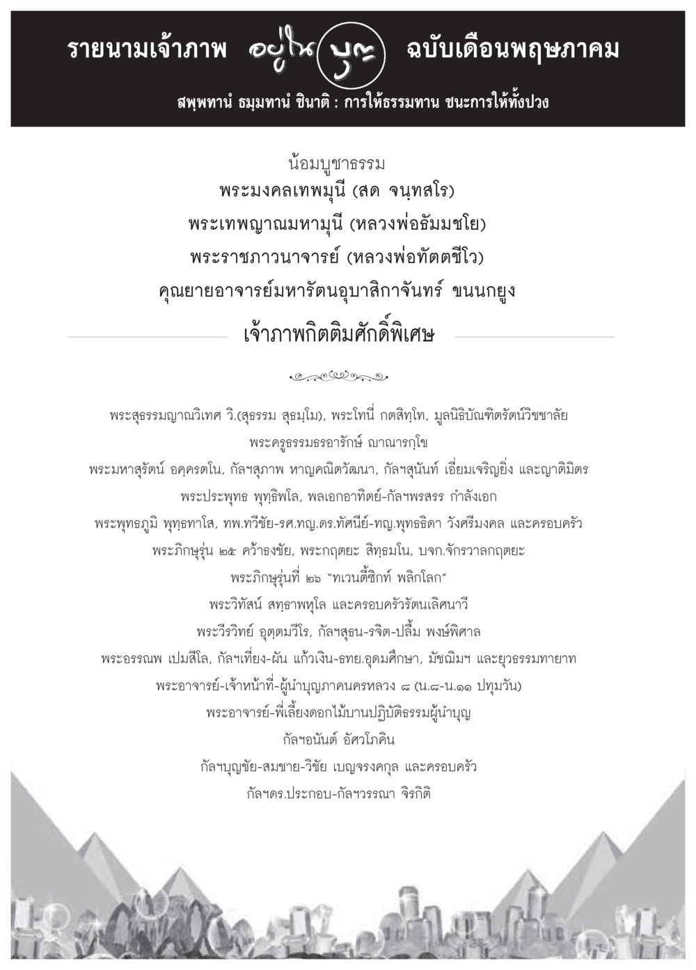 รายนามเจ้าภาพ ฉบับเดือนพฤษภาคม วารสารอยู่ในบุญประจำเดือนพฤษภาคม พ.ศ.2559 หน้า 142