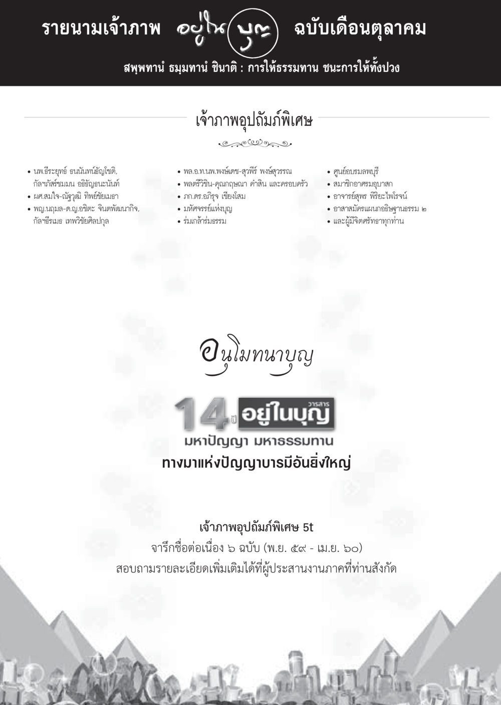 รายนามเจ้าภาพ ประจำเดือนตุลาคม วารสารอยู่ในบุญประจำเดือนตุลาคม พ.ศ.2559 หน้า 112