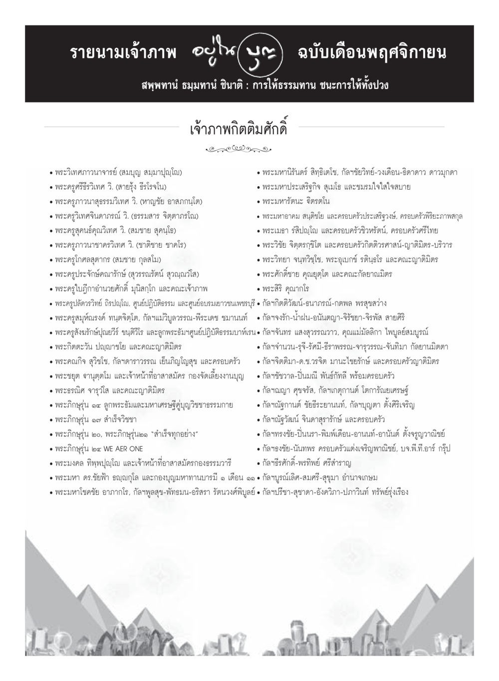 รายนามเจ้าภาพ เดือนพฤศจิกายน วารสารอยู่ในบุญประจำเดือนพฤศจิกายน พ.ศ.2559 หน้า 121