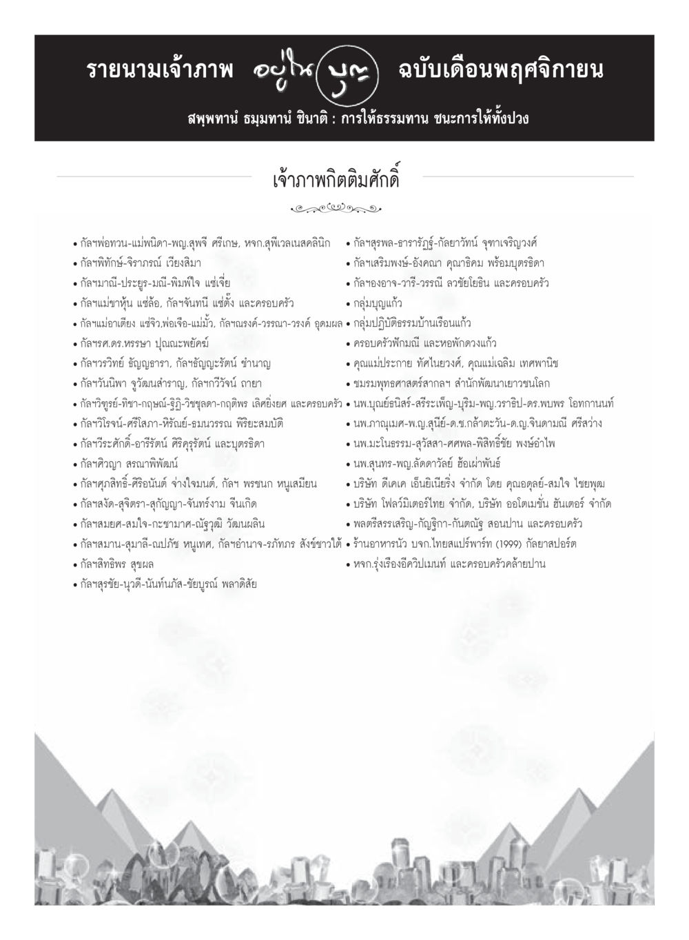 รายนามเจ้าภาพ อริน ละออง ฉบับเดือนพฤศจิกายน วารสารอยู่ในบุญประจำเดือนพฤศจิกายน พ.ศ.2559 หน้า 122