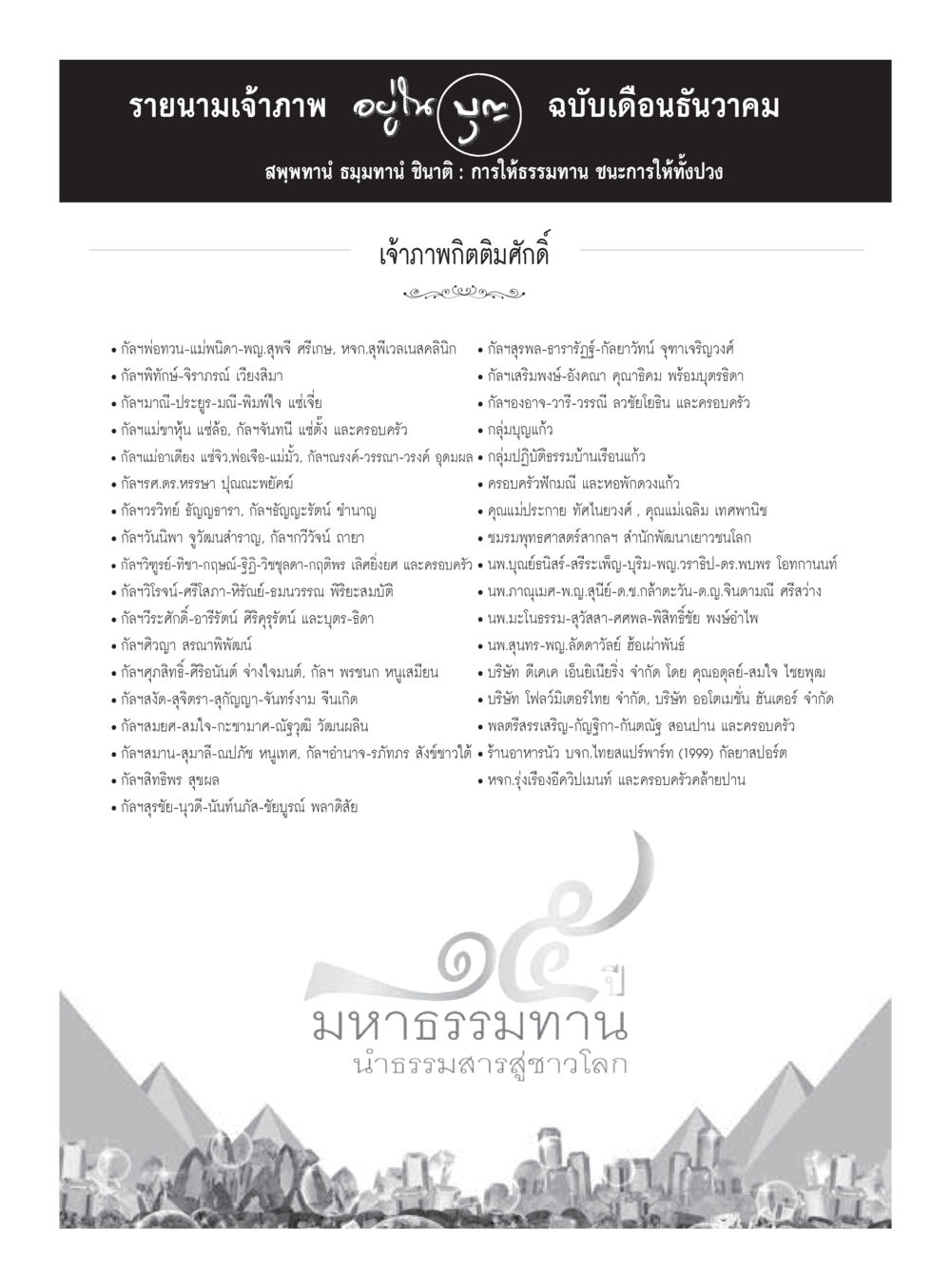 รายนามเจ้าภาพ ฉบับเดือนธันวาคม วารสารอยู่ในบุญประจำเดือนธันวาคม พ.ศ.2559 หน้า 110