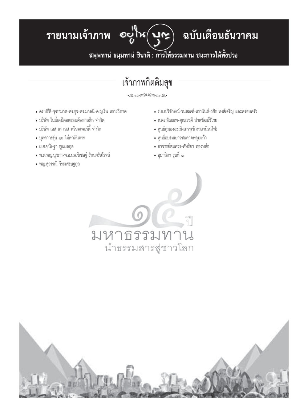 รายนามเจ้าภาพ ฉบับเดือนธันวาคม วารสารอยู่ในบุญประจำเดือนธันวาคม พ.ศ.2559 หน้า 113