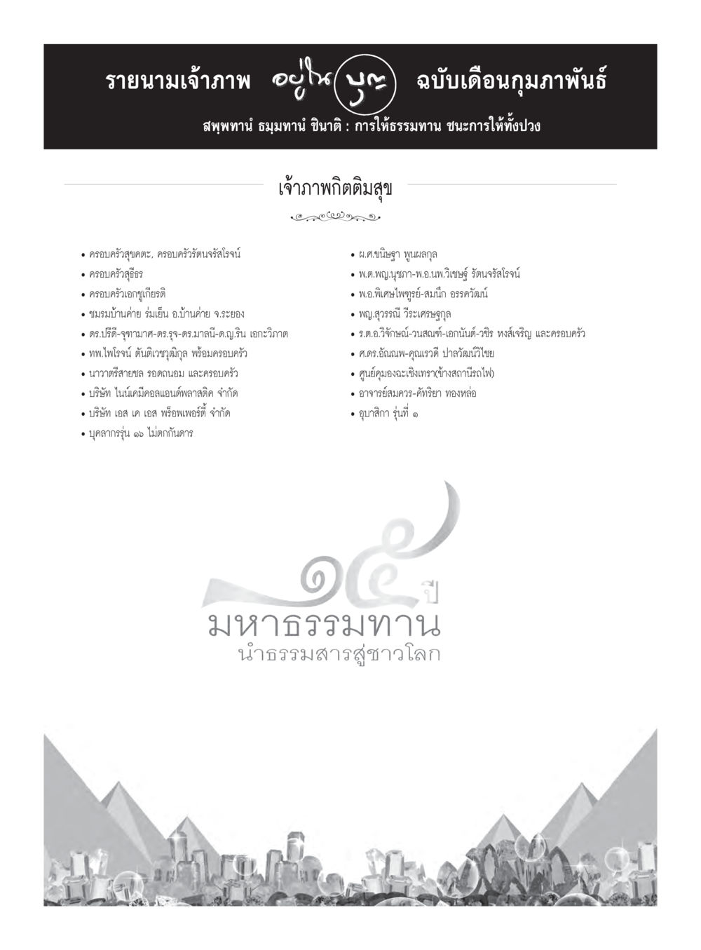 รายนามเจ้าภาพ ฉบับเดือนกุมภาพันธ์ วารสารอยู่ในบุญประจำเดือนกุมภาพันธ์ พ.ศ.2560 หน้า 129