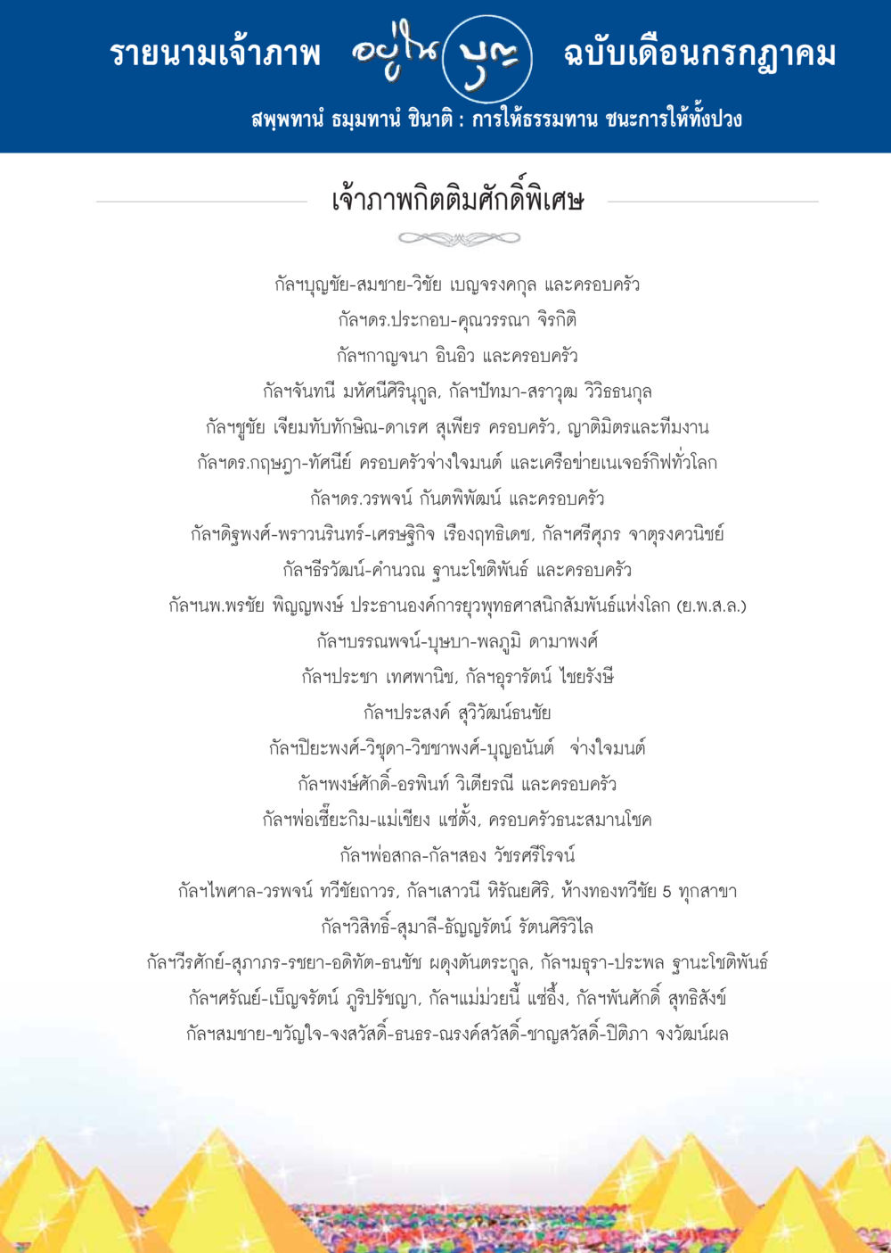 รายนามเจ้าภาพฉบับเดือนกรกฎาคม  วารสารอยู่ในบุญประจำเดือน กรกฎาคม พ.ศ.2558 หน้า 127