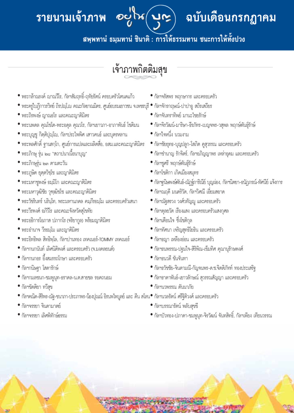 รายนามเจ้าภาพ ฉบับเดือนกรกฎาคม  วารสารอยู่ในบุญประจำเดือน กรกฎาคม พ.ศ.2558 หน้า 131
