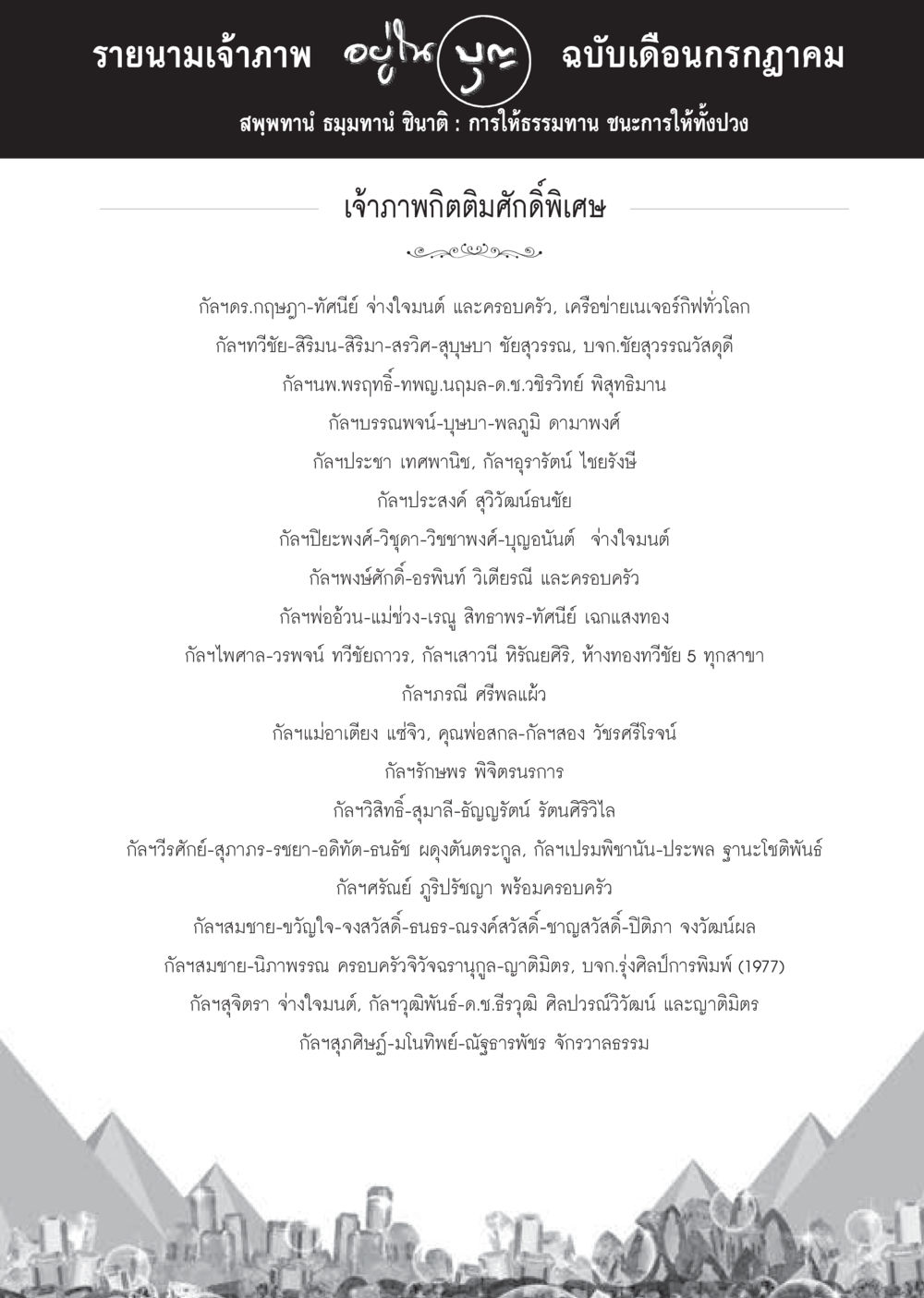 รายนามเจ้าภาพ ฉบับเดือนกรกฎาคม  วารสารอยู่ในบุญประจำเดือน กรกฎาคม พ.ศ.2560 หน้า 89