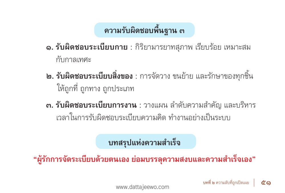 ความรับผิดชอบพื้นฐานในการจัดระเบียบ รื้อฟื้นนิสัย แก้ไขปัญหาชีวิต พิชิตปัญหาโลก หน้า 51