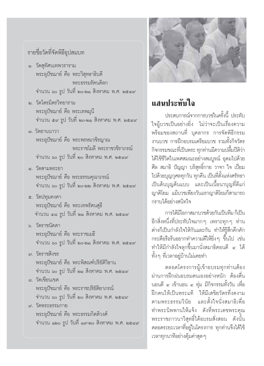 รายชื่อวัดที่จัดพิธีอุปสมบทในปี 2559 วารสารอยู่ในบุญ ประจำเดือน กันยายน พ.ศ.2549 หน้า 35