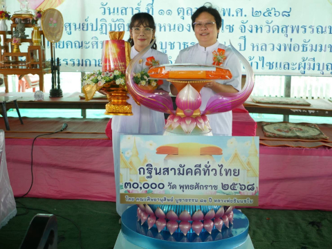 ภาพหมู่ถือพานถวายปัจจัยศูนย์ปฏิบัติธรรมหนองหญ้าไซ
