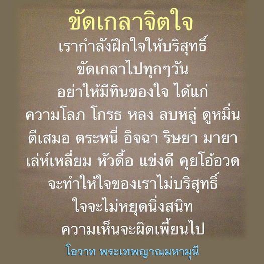 เรียนรู้วิธีการขัดเกลาจิตใจและฝึกใจให้บริสุทธิ์ทุกวัน เพื่อหลีกเลี่ยงความโลภ โกรธ หลง และอารมณ์เชิงลบอื่นๆ ที่ทำให้ใจไม่สงบ พร้อมโอวาทจากพระเทพญาณมหามุนี