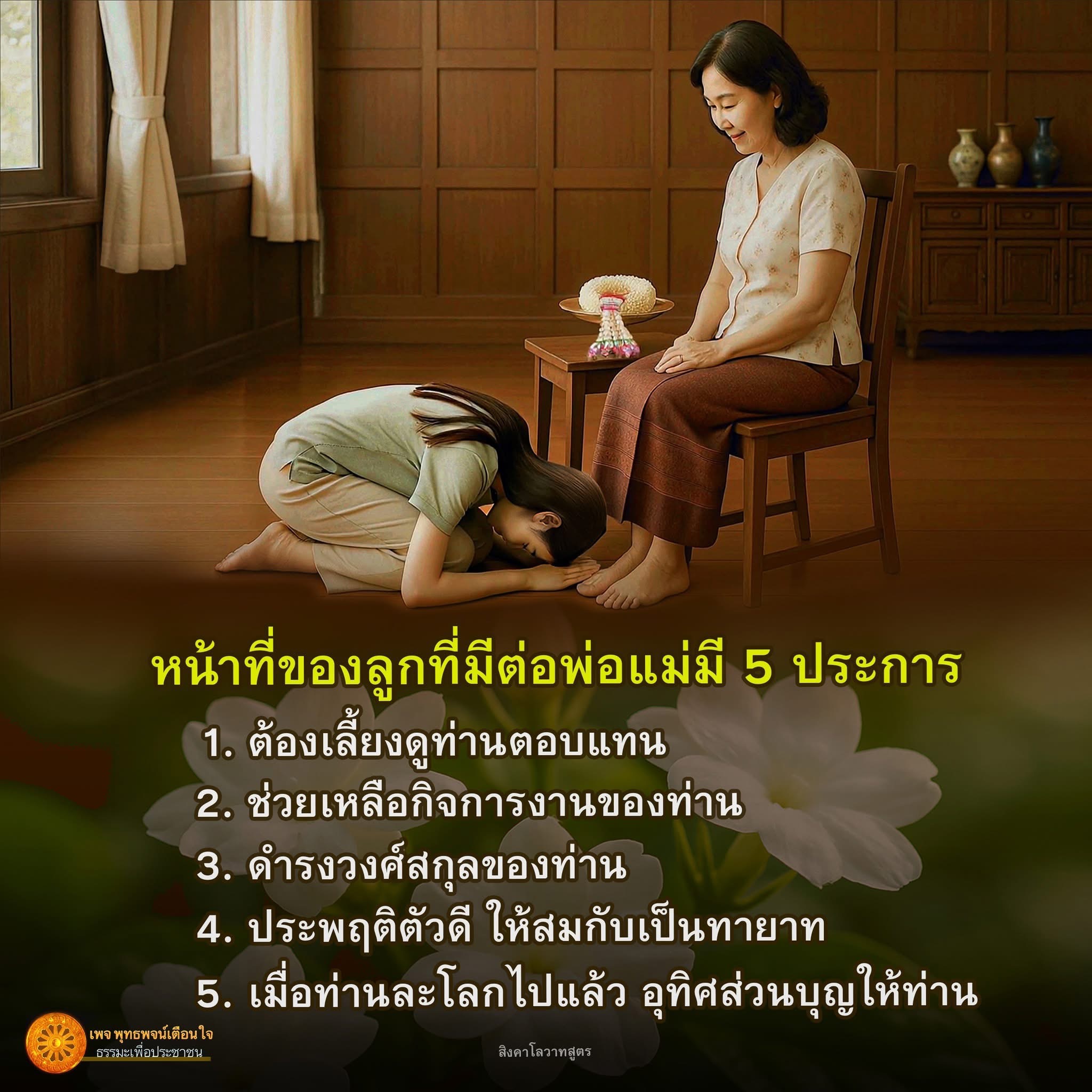เรียนรู้หน้าที่ที่ลูกควรมีต่อพ่อแม่ 5 ประการตามหลักธรรมะ เพื่อสร้างความสัมพันธ์ที่ดีและเป็นการตอบแทนบุญคุณในชีวิต รวมถึงการอุทิศส่วนบุญให้กับท่านเมื่อท่านละโลกไปแล้ว