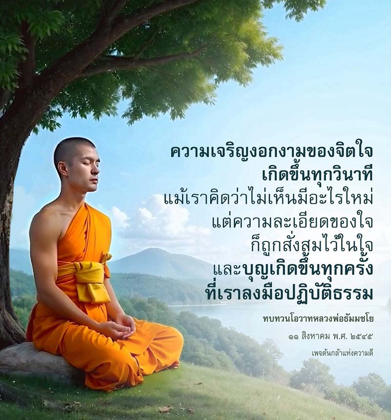 ค้นพบความเจริญงอกงามของจิตใจที่เกิดขึ้นทุกวินาที ผ่านการปฏิบัติธรรมและการทบทวนโอวาทจากหลวงพ่อธัมมชโย เพื่อเสริมสร้างบุญและพัฒนาจิตใจให้มีความละเอียดอ่อนและสงบสุข