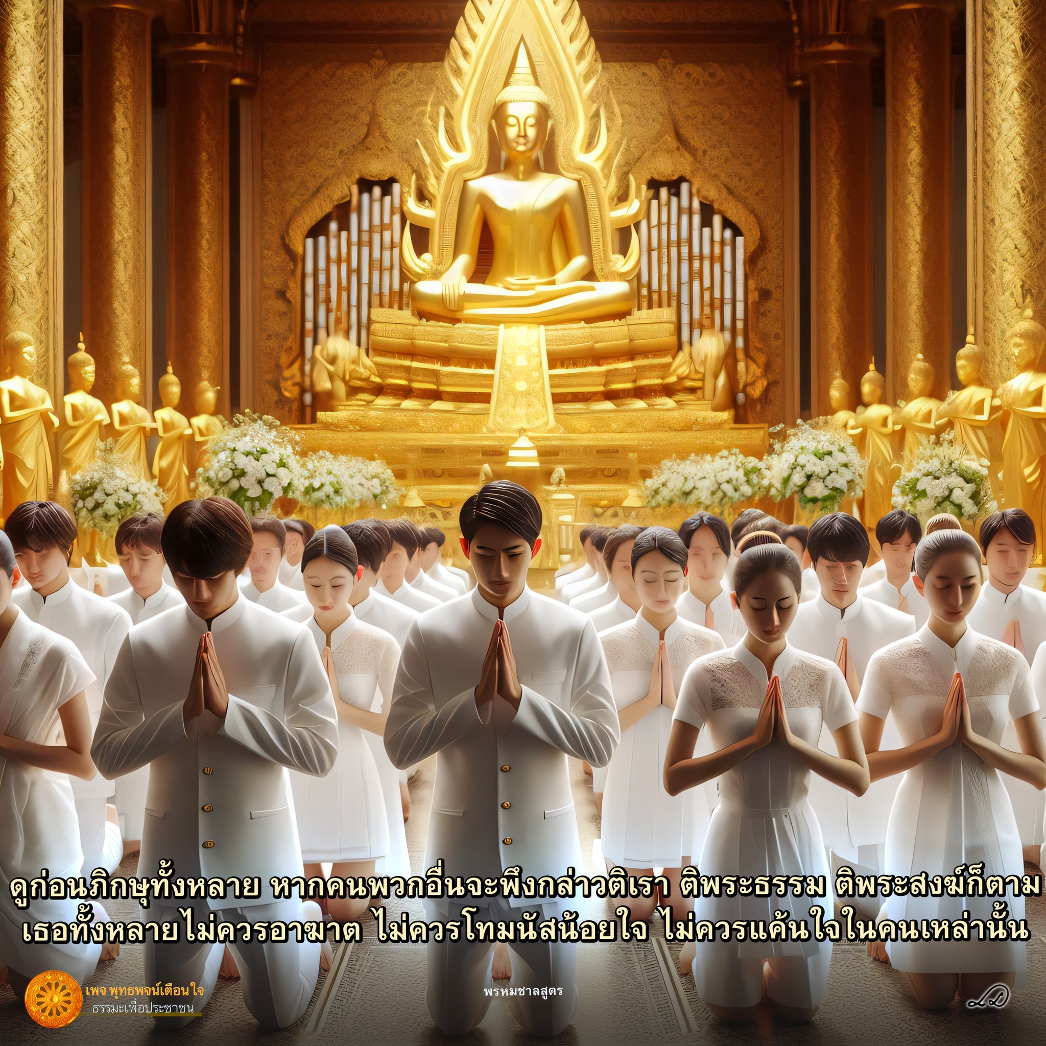 คำคมธรรมจากเพจ พุทธพจน์เตือนใจ และธรรมะเพื่อประชาชน ที่เน้นถึงความสำคัญของการไม่อาฆาต ไม่โทมนัสน้อยใจ และไม่แค้นใจในคนอื่น สอนให้เราเคารพธรรมและสงฆ์อย่างถูกต้อง