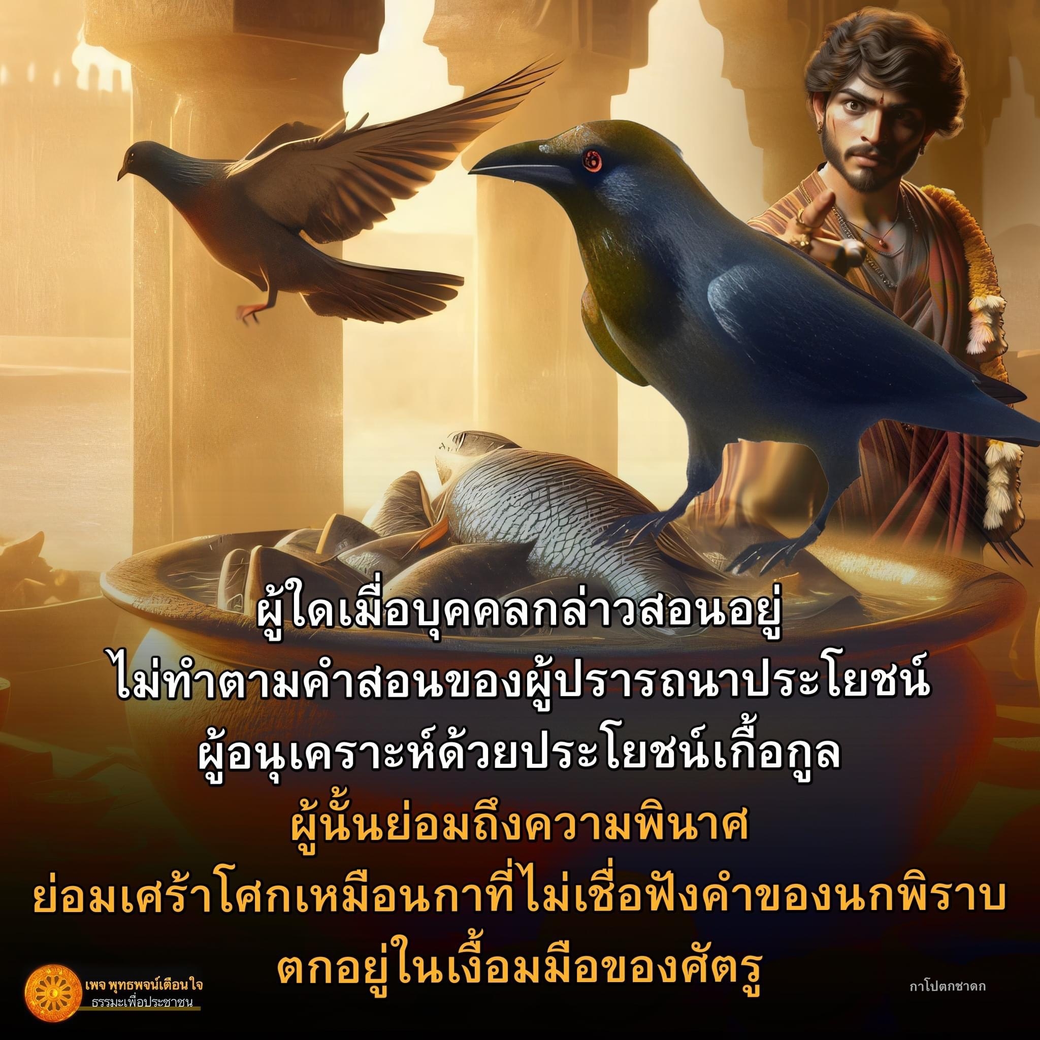 เมื่อไม่ทำตามคำสอนของผู้สอนที่มีปรารถนาประโยชน์ ผู้จะตกอยู่ในเงื้อมมือของศัตรู และย่อมเศร้าโศกเหมือนกาที่ไม่เชื่อฟังคำของนกพิราบ อย่างไรก็ตาม พุทธพจน์เตือนใจยังเป็นแหล่งธรรมะที่มีประโยชน์และช่วยเสริมสร้างความสุขและความสงบใจให้กับประชาชน