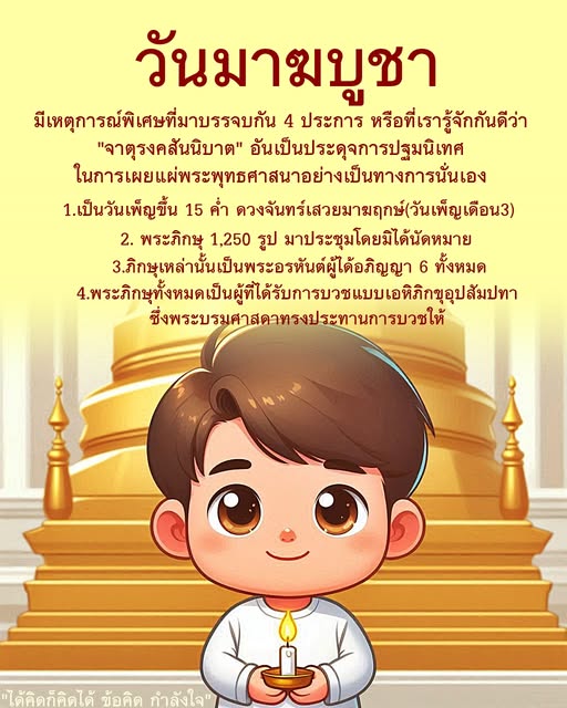 วันมาฆบูชาเป็นวันที่มีความสำคัญในพระพุทธศาสนา โดยมีเหตุการณ์พิเศษ 4 ประการที่มาบรรจบกัน ซึ่งเรียกว่า 'จาตุรงคสันนิบาต' นำไปสู่การเผยแผ่พระพุทธศาสนาอย่างเป็นทางการ พร้อมข้อคิดและกำลังใจในการปฏิบัติธรรม