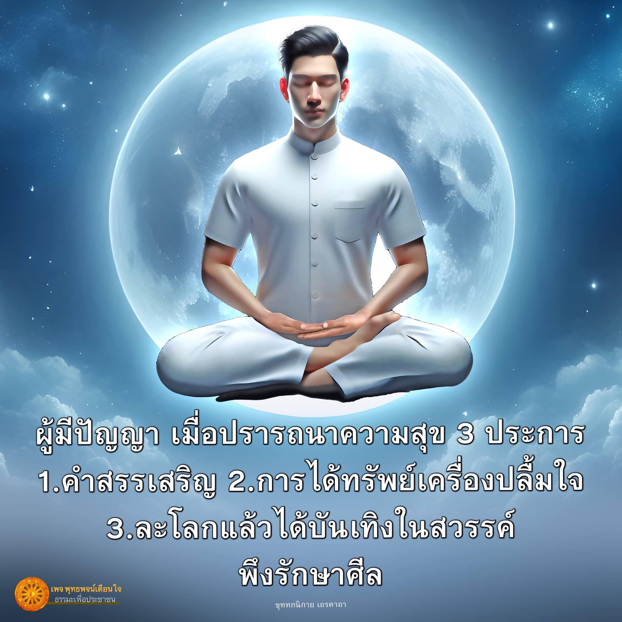 ผู้มีปัญญาเมื่อปรารถนาความสุข 3 ประการ คือ 1. คำสรรเสริญ 2. การได้ทรัพย์เครื่องปลื้มใจ 3. ละโลกแล้วได้บันเทิงในสวรรค์ ที่เกี่ยวข้องกับเพจ พุทธพจน์เตือนใจ ธรรมะเพื่อประชาชน และการพึงรักษาศีลของขุททกนิกาย เถรคาถา