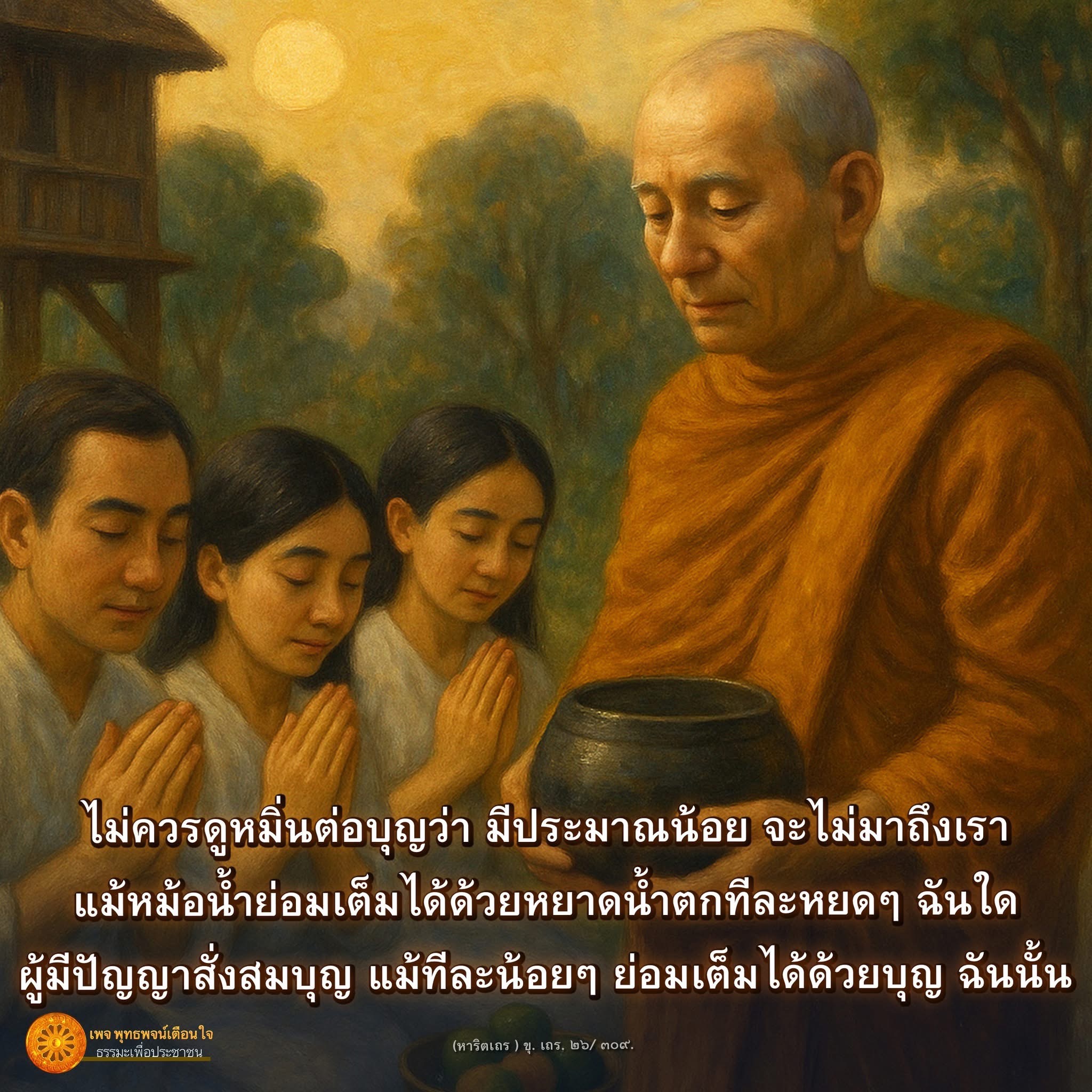 อ่านพุทธพจน์เตือนใจเกี่ยวกับการสั่งสมบุญ แม้เพียงเล็กน้อย ก็สามารถนำไปสู่ความสำเร็จและความสุขในชีวิตได้ ผ่านการเรียนรู้ธรรมะเพื่อประชาชน