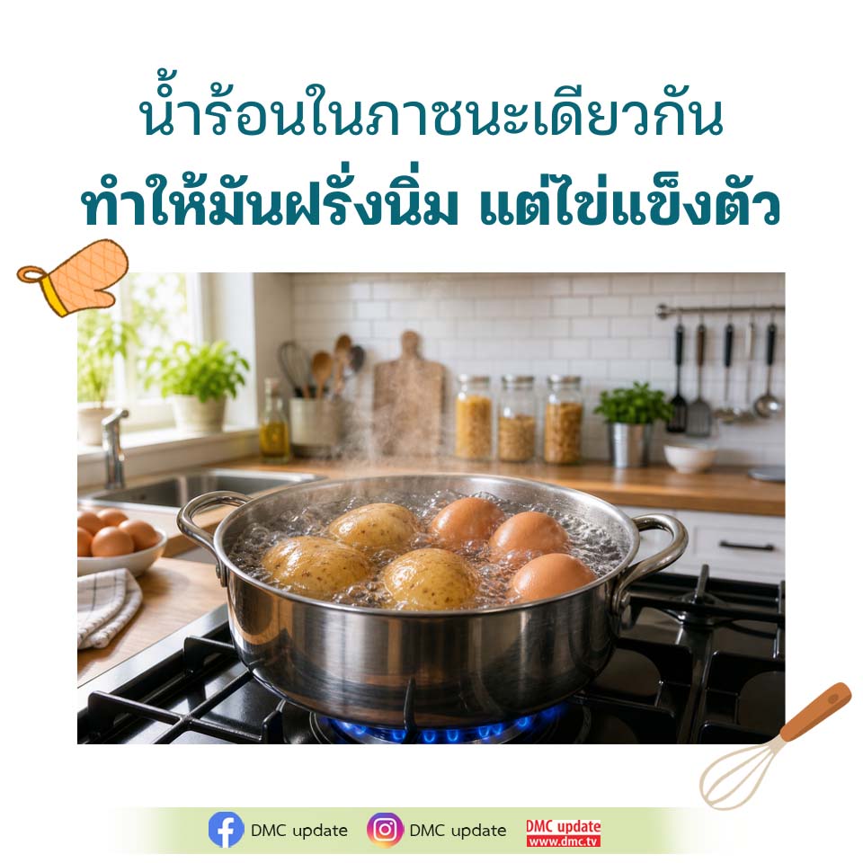 น้ำร้อนในภาชนะเดียวกัน ทำให้มันฝรั่งนิ่ม แต่ไข่แข็งตัว