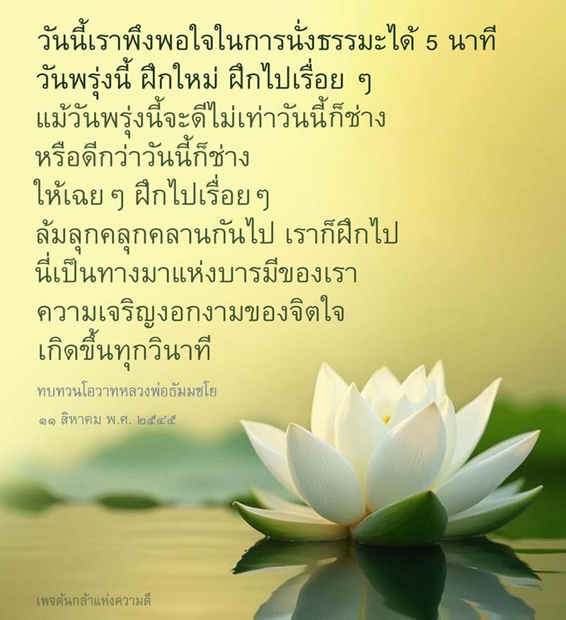 เรียนรู้การนั่งธรรมะเพียง 5 นาทีในวันนี้ และเตรียมพร้อมฝึกฝนต่อไปในวันพรุ่งนี้ แม้จะมีความเปลี่ยนแปลง เราก็ยังคงพัฒนาจิตใจไปเรื่อยๆ ติดตามโอวาทจากหลวงพ่อธัมมชโยเพื่อเสริมสร้างบารมีและความเจริญงอกงามของจิตใจในทุกวินาที