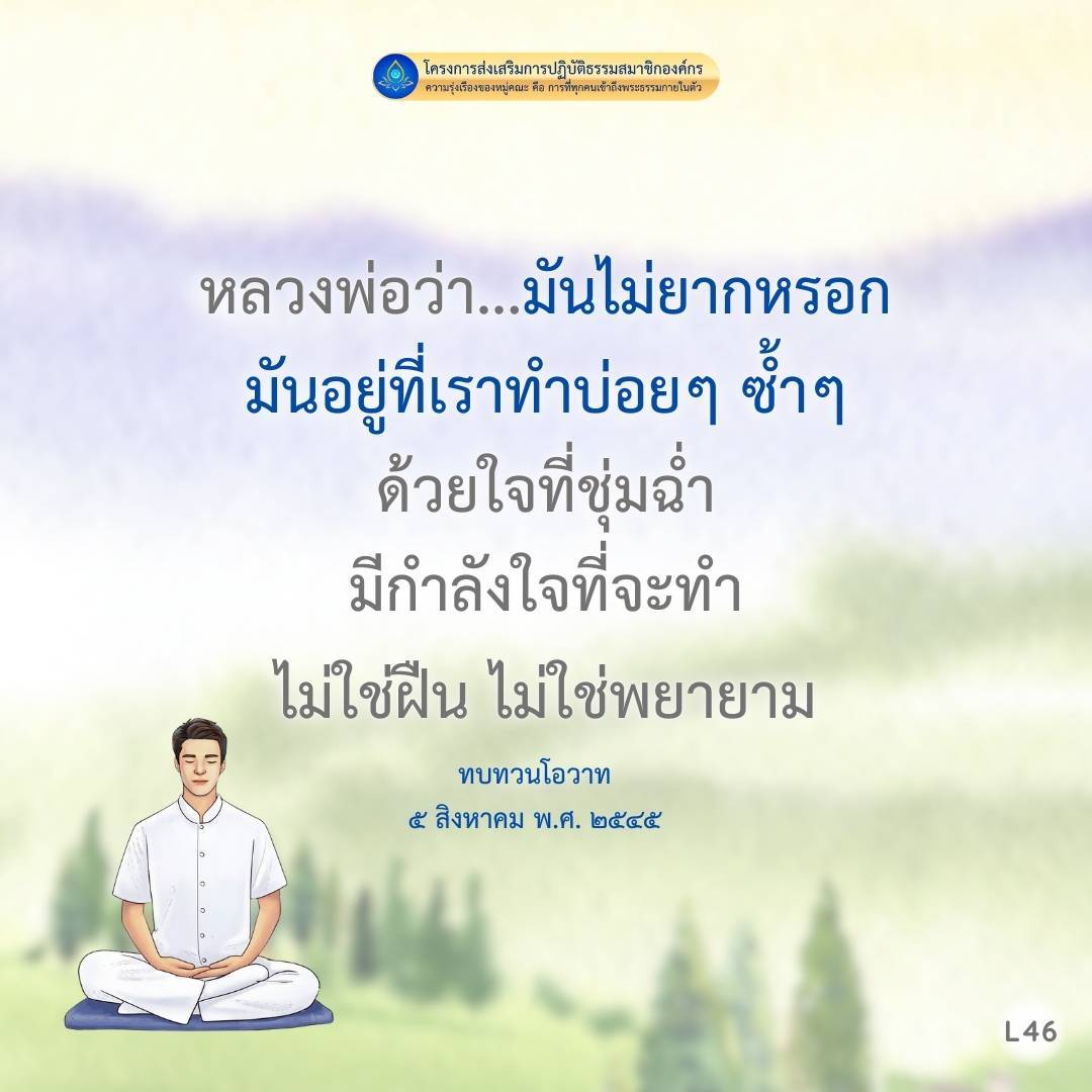 โครงการส่งเสริมการปฏิบัติธรรมสมาชิกองค์กรเพื่อเสริมความรุ่งเรืองของหมู่คณะ โดยการทำพระธรรมกายในตัว ด้วยใจที่ชุ่มฉ่ำและทำลังใจ โดยไม่ฝืนหรือพยายาม ทบทวนโอวาท เมื่อวันที่ 5 สิงหาคม พ.ศ. 2545