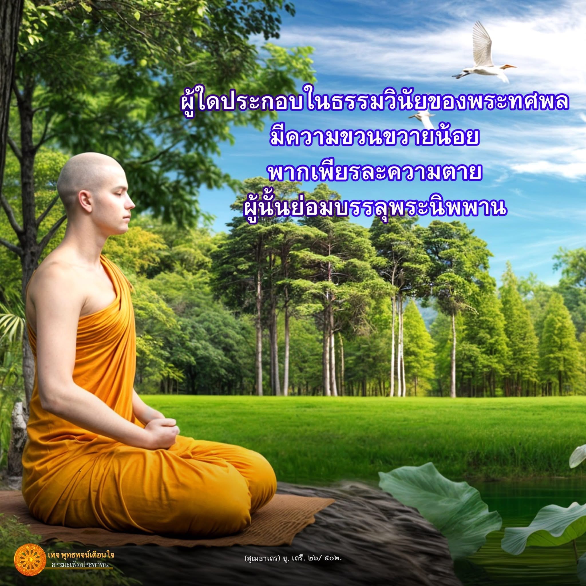 เพจพุทธพจน์เตือนใจนำเสนอธรรมะเพื่อประชาชน โดยเน้นการปฏิบัติตามธรรมวินัยของพระทศพล เพื่อให้ผู้คนมีความขวนขวายในการละความตายและบรรลุพระนิพพานตามคำสอนของสุเมธาเถร
