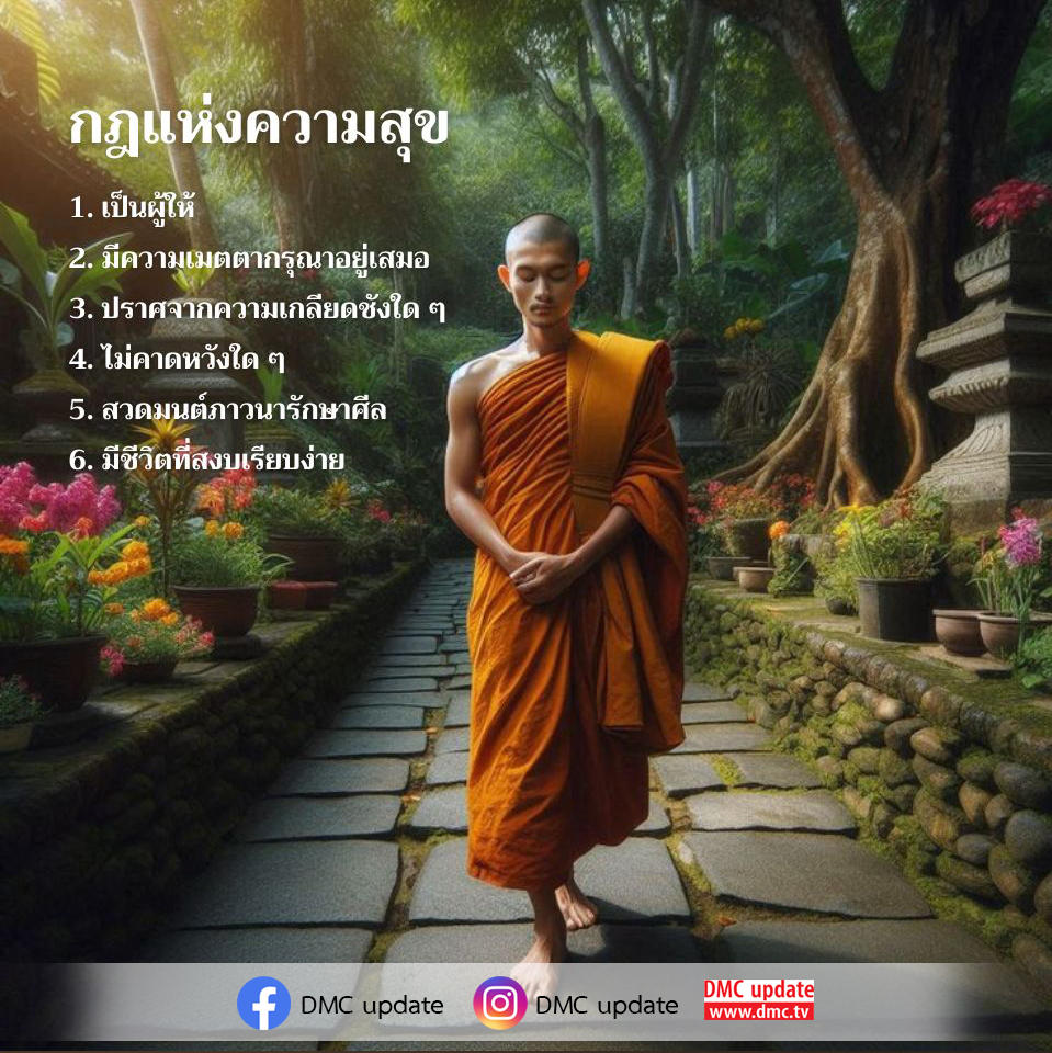 ค้นพบกฎแห่งความสุขที่ช่วยให้คุณมีชีวิตที่มีความสุขและสงบเรียบง่าย ผ่านการเป็นผู้ให้ ความเมตตากรุณา และการปฏิบัติตนตามหลักธรรม รวมถึงอัปเดตข่าวสารจาก DMC และ ODMC ที่จะทำให้คุณไม่พลาดข้อมูลสำคัญ