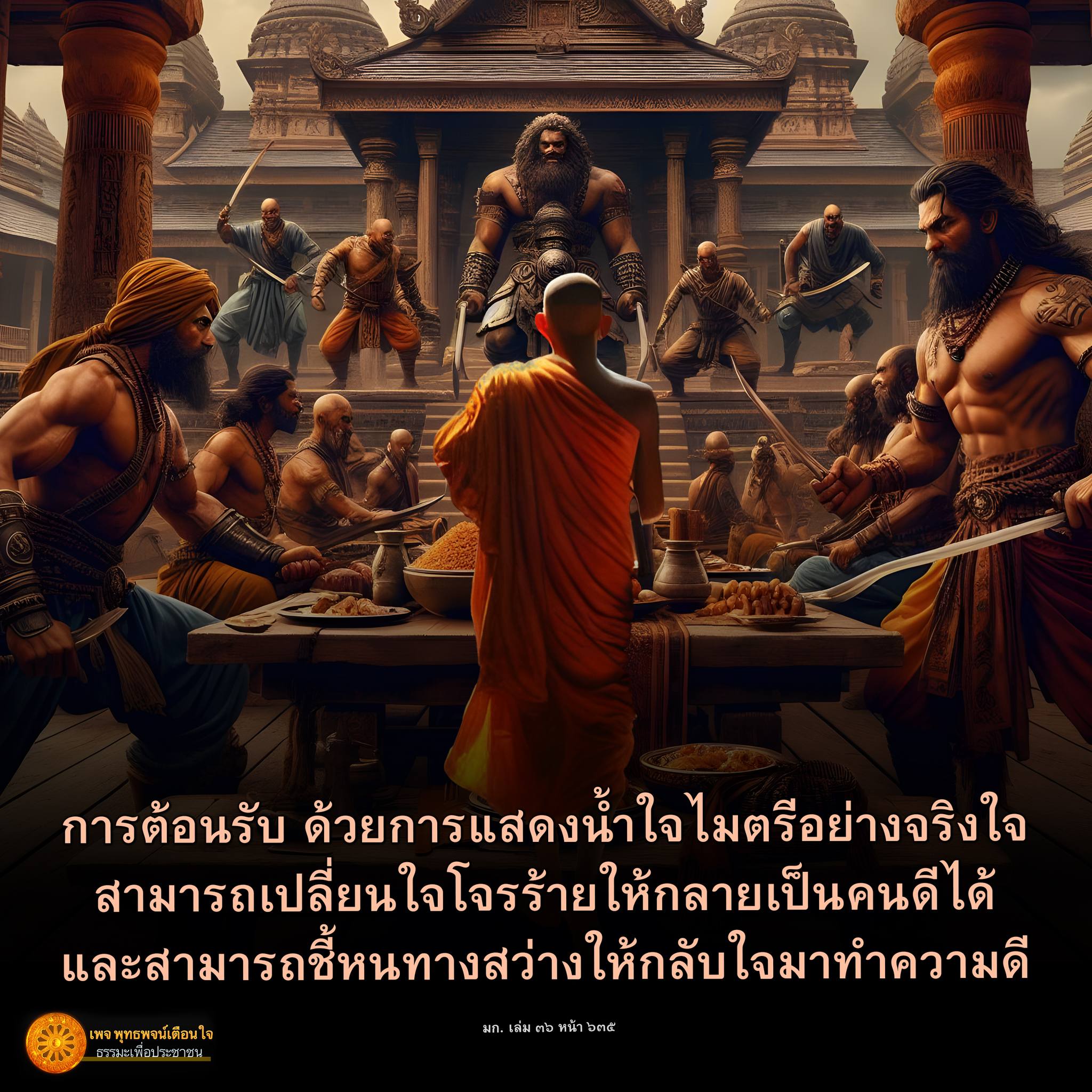 เรื่องการต้อนรับด้วยการแสดงน้ำใจไมตรีอย่างจริงใจที่สามารถเปลี่ยนใจโจรร้ายให้กลายเป็นคนดี และชี้หนทางสว่างให้กลับใจมาทำความดี พบได้ในหนังสือธรรมะเพื่อประชาชน มก. เล่ม ๓๖ หน้า ๖๓๕ ที่เชื่อมโยงกับเพจ พุทธพจน์เตือนใจ