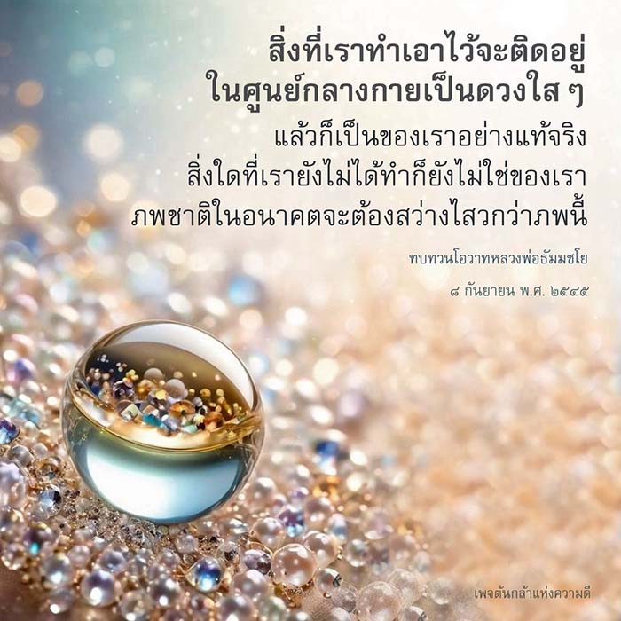 ค้นพบโอวาทจากหลวงพ่อธัมมชโยที่สอนให้เราทบทวนสิ่งที่ทำและสร้างอนาคตที่สว่างไสว ผ่านการทำความดีและการมีศูนย์กลางกายเป็นดวงใส ๆ.