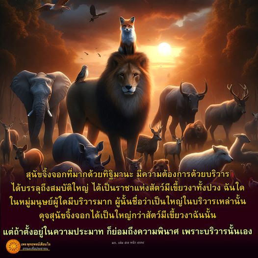 สุนัขจิ้งจอกที่มากด้วยทิฐิมานะ มีความต้องการด้วยบริวาร ได้บรรลุถึงสมบัติใหญ่ ได้เป็นราชาแห่งสัตว์มีเขี้ยวงาทั้งปวง และเมื่อตั้งอยู่ในความประมาท ก็ย่อมถึงความพินาศ เพราะบริวารเองเป็นสิ่งที่สำคัญในการเรียนรู้เพลง พุทธพจน์