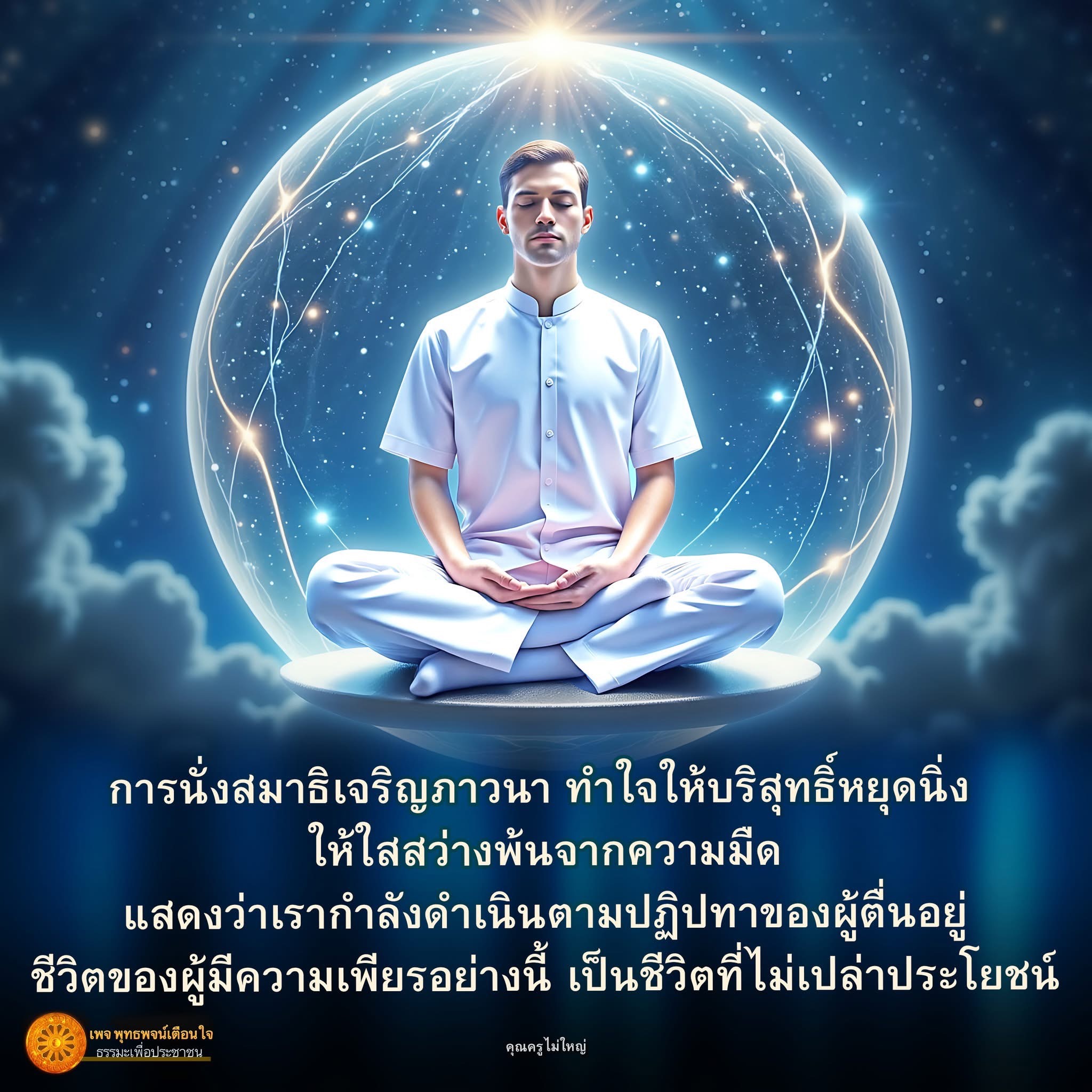เรียนรู้วิธีการนั่งสมาธิเจริญภาวนาเพื่อทำใจให้บริสุทธิ์และหยุดนิ่ง พ้นจากความมืดสู่ความสว่างตามปฏิปทาของผู้ตื่น เพื่อชีวิตที่มีความหมายและไม่เปล่าประโยชน์