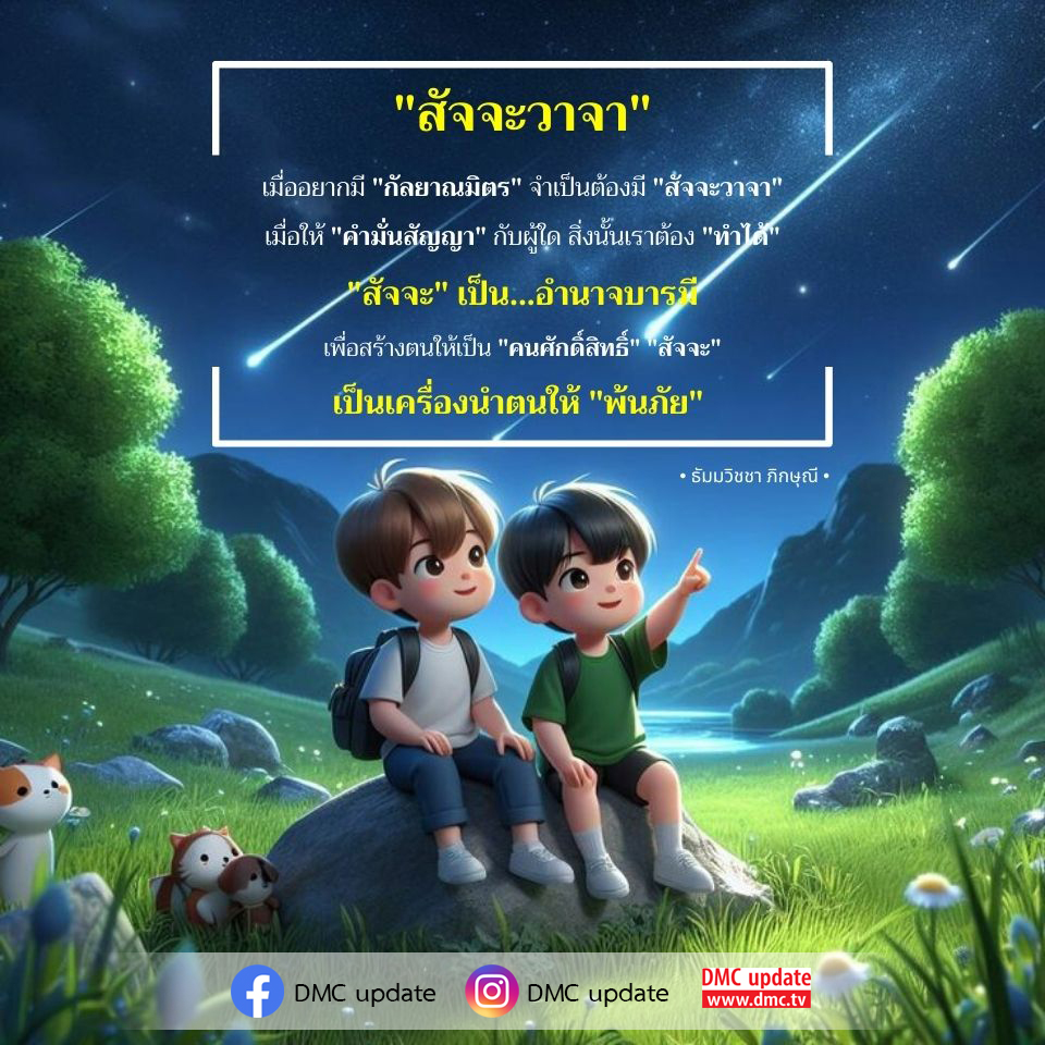 ค้นพบความสำคัญของ 'สัจจะวาจา' ในการสร้างความสัมพันธ์ที่ดีและการเป็นกัลยาณมิตรที่แท้จริง เรียนรู้วิธีการให้คำมั่นสัญญาอย่างมีความรับผิดชอบ และทำให้ชีวิตของคุณเต็มไปด้วยอำนาจบารมีและความศักดิ์สิทธิ์ ผ่านการสอนจาก 'ธัมมวิชชา ภิกษุณี' และอัปเดตข่าวสารจาก DMC
