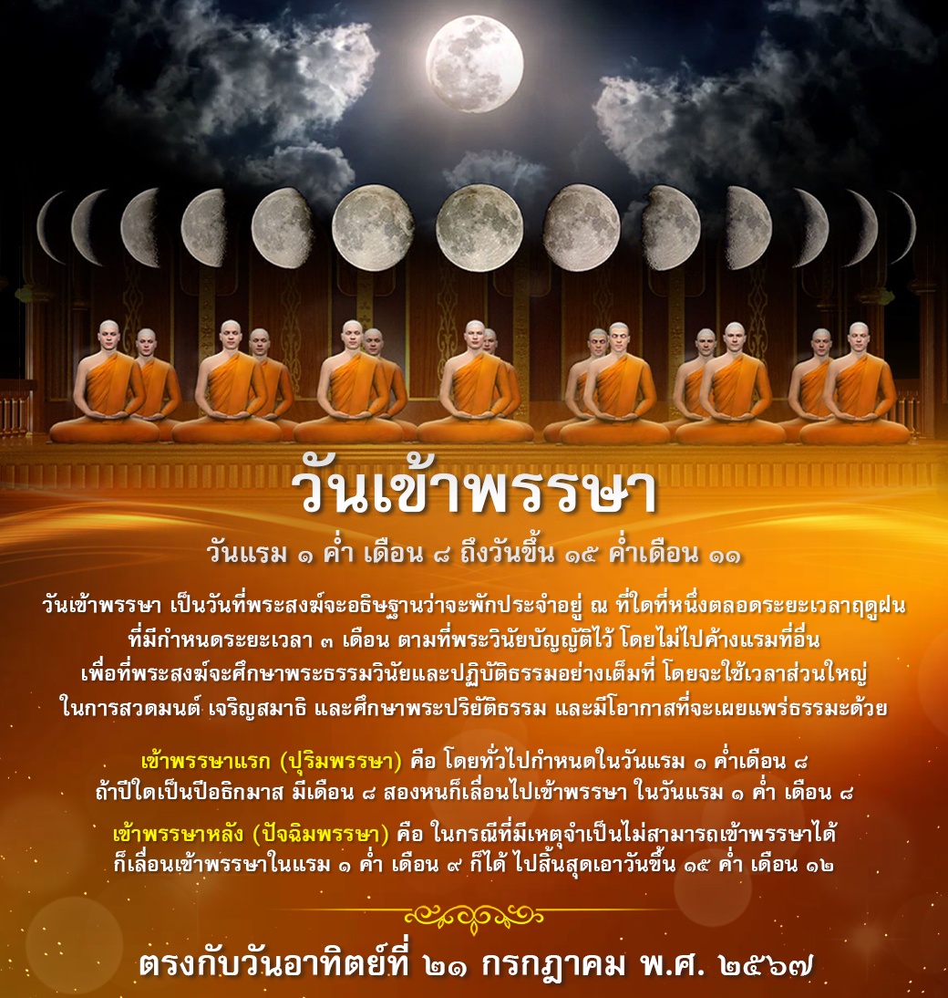 วันเข้าพรรษาเป็นวันที่พระสงฆ์จะอธิษฐานว่าจะพักประจำอยู่ ณ ที่ใดที่หนึ่งตลอดระยะเวลาฤดูฝน ศึกษาพระธรรมวินัยและปฏิบัติธรรมอย่างเต็มที่ โอากาสที่จะเผยแพร่ธรรมะด้วย ประวัติและสัญลักษณ์ของวันเข้าพรรษา ประกอบด้วยปุริมพรรษาและปัจฉิมพรรษา โดยมีวันอาทิตย์ที่ ๒๑ กรกฎาคม พ.ศ. ๒๕๖๗ เป็นวันที่เกิด