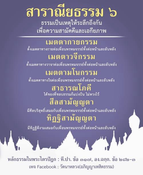 เรียนรู้เกี่ยวกับสาราณียธรรม ๖ ที่ช่วยเสริมสร้างความสามัคคีและเอกภาพในสังคม ผ่านการปฏิบัติเมตตากายกรรม เมตตาวจีกรรม และเมตตามโนกรรม พร้อมทั้งการแบ่งปันทรัพย์สินและการมีศีลบริสุทธิ์ร่วมกับเพื่อนพรหมจรรย์.
