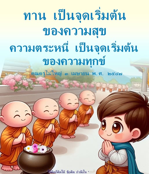 ค้นพบความหมายของความสุขและความทุกข์ผ่านคำสอนของคุณครูไม่ใหญ่ เรียนรู้ว่าการทานเป็นจุดเริ่มต้นของความสุข ในขณะที่ความตระหนี่เป็นจุดเริ่มต้นของความทุกข์ พร้อมข้อคิดและกำลังใจที่จะเปลี่ยนแปลงชีวิตคุณ