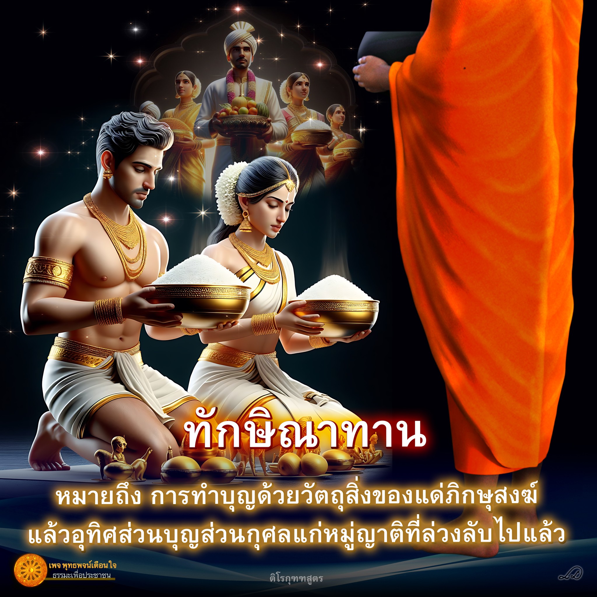 ทักษิณาทานหมายถึง การทำบุญด้วยวัตถุสิ่งของแด่ภิกษุสงฆ์และอุทิศส่วนบุญส่วนกุศลแก่หมู่ญาติที่ล่วงลับไปแล้ว พุทธพจน์เตือนใจและธรรมะเพื่อประชาชน รวมถึงติโรกุฑฑสูตร