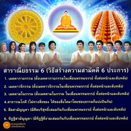เรียนรู้สาราณียธรรม 6 ประการที่ช่วยสร้างความสามัคคีในกลุ่มเพื่อนพรหมจรรย์ ผ่านเมตตากายกรรม, เมตตาวจีกรรม, เมตตามโนกรรม, สาธารณโภคี, สีลสามัญญตา, และทิฏฐิสามัญญตา เพื่อเสริมสร้างความสัมพันธ์ที่ดีและมีความสุขในชีวิต