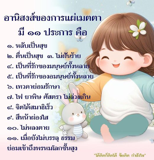 ค้นพบอานิสงส์ 11 ประการของการแผ่เมตตาที่นำมาซึ่งความสุขและความสงบในชีวิต ตั้งแต่การหลับและตื่นเป็นสุข ไปจนถึงการได้รับการปกป้องจากเทวดาและเข้าถึงพรหมโลกชั้นสูง