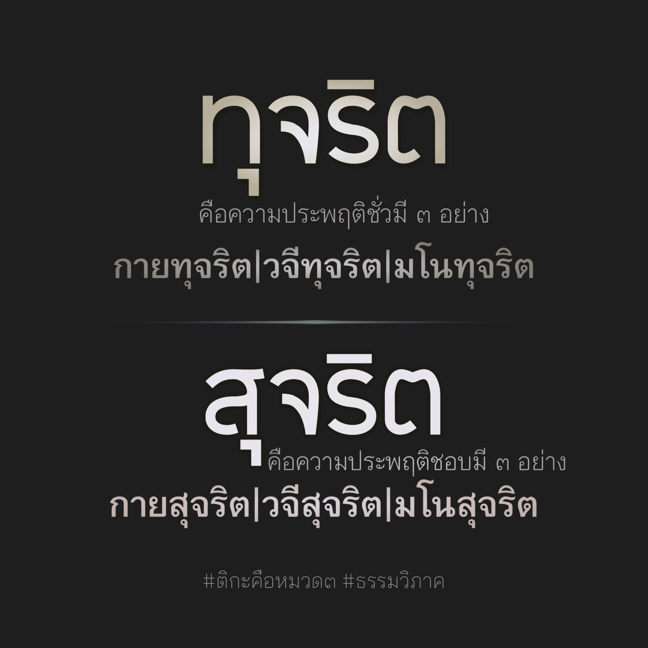 ทุจริตและสุจริตเป็นความประพฤติที่มีลักษณะแตกต่างกัน ทุจริตเกี่ยวกับความชั่ว มี 3 ประการคือ กายทุจริต, วจีทุจริต, และมโนทุจริต ส่วนสุจริตเกี่ยวกับความดี มี 3 ประการคือ กายสุจริต, วจีสุจริต, และมโนสุจริต ติกะเป็นหมวดตที่อธิบายเกี่ยวกับธรรมวิภาค