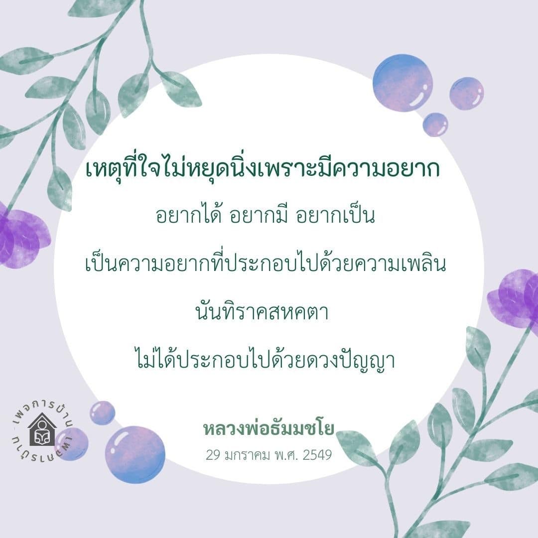 สำรวจเหตุผลที่ทำให้ใจไม่หยุดนิ่งจากความอยากในชีวิต ซึ่งประกอบไปด้วยความเพลินและการขาดดวงปัญญา ตามแนวคิดของหลวงพ่อธัมมชโย ในวันที่ 29 มกราคม พ.ศ. 2549