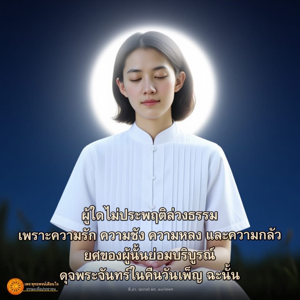 เรียนรู้ธรรมะจากพุทธพจน์ที่เตือนใจเกี่ยวกับการไม่ประพฤติล่วงธรรม เน้นความสำคัญของการมีจิตใจที่บริสุทธิ์ เพื่อให้ชีวิตมีความสุขและยศที่บริบูรณ์ ดุจพระจันทร์ในคืนวันเพ็ญ