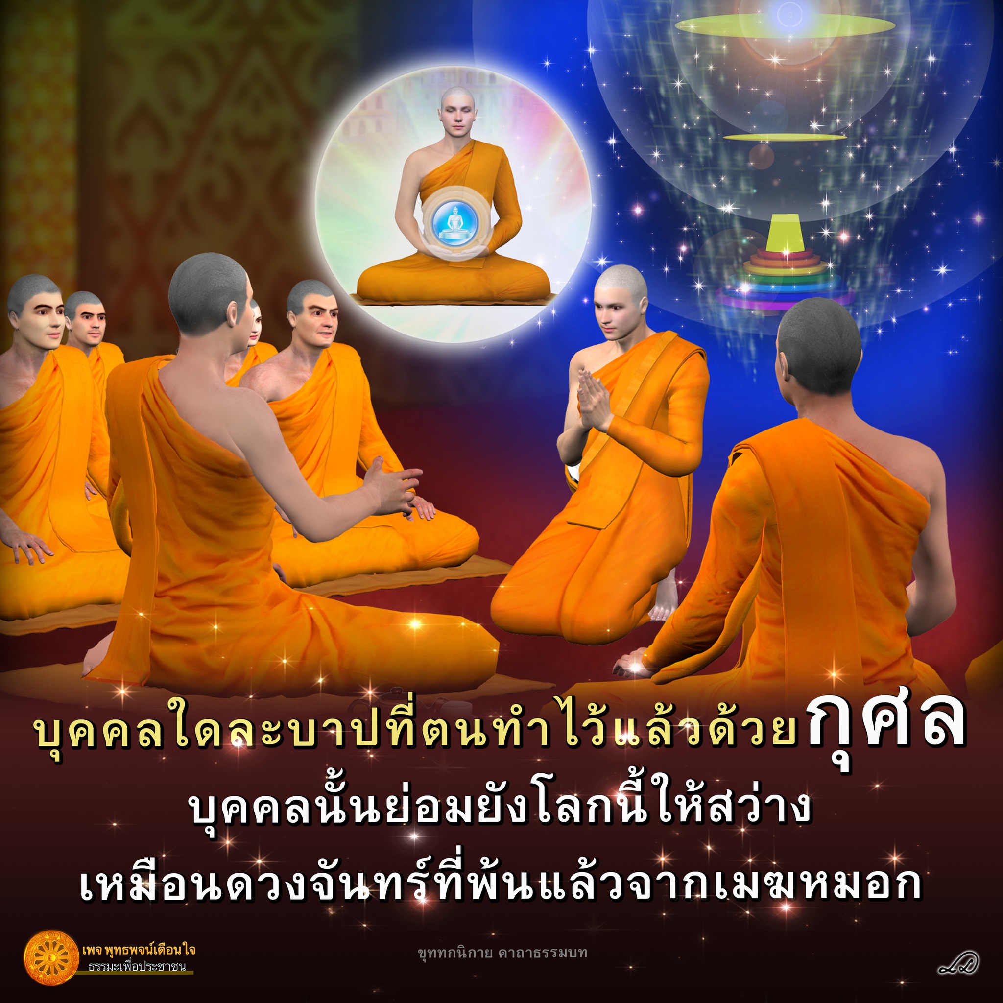 บุคคลที่ทำบาปแล้วด้วยกุศลจะได้รับความสว่างเหมือนดวงจันทร์ที่พ้นจากเมฆหมอก อ่านคาถาธรรมบทในเพจ พุทธพจน์เตือนใจ เพื่อเรียนรู้ธรรมะเพื่อประชาชนจากขุททกนิกาย