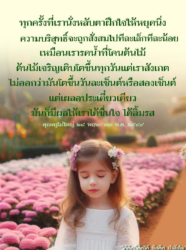 ทุกครั้งที่เรานั่งหลับตาฝึกใจให้หยุดนิ่ง ความบริสุทธิ์จะถูกสั่งสมไปทีละเล็กทีละน้อย เหมือนเรารดาที่โคนต้นไม้ ต้นไม้เจริญเติบโตขึ้นทุกวัน แต่เราสังเกตไม่ออกว่ามันโตขึ้นวันละเซ็นต์หรือสองเซ็นต์ แต่เผลอประเดี๋ยวเดียว มันก็มีผลให้เราได้ชื่นใจ ได้ลิ้มรส