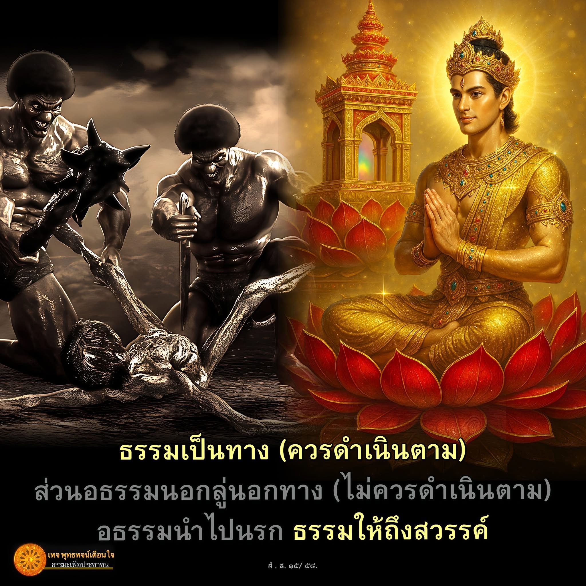 เรียนรู้เกี่ยวกับธรรมและอธรรม พร้อมคำสอนที่ช่วยให้คุณเลือกทางที่ถูกต้องในชีวิต เพื่อเข้าถึงความสุขและสันติสุขตามหลักพุทธศาสนา ผ่านเพจ 'พุทธพจน์เตือนใจ' ที่นำเสนอความรู้และธรรมะเพื่อประชาชน.