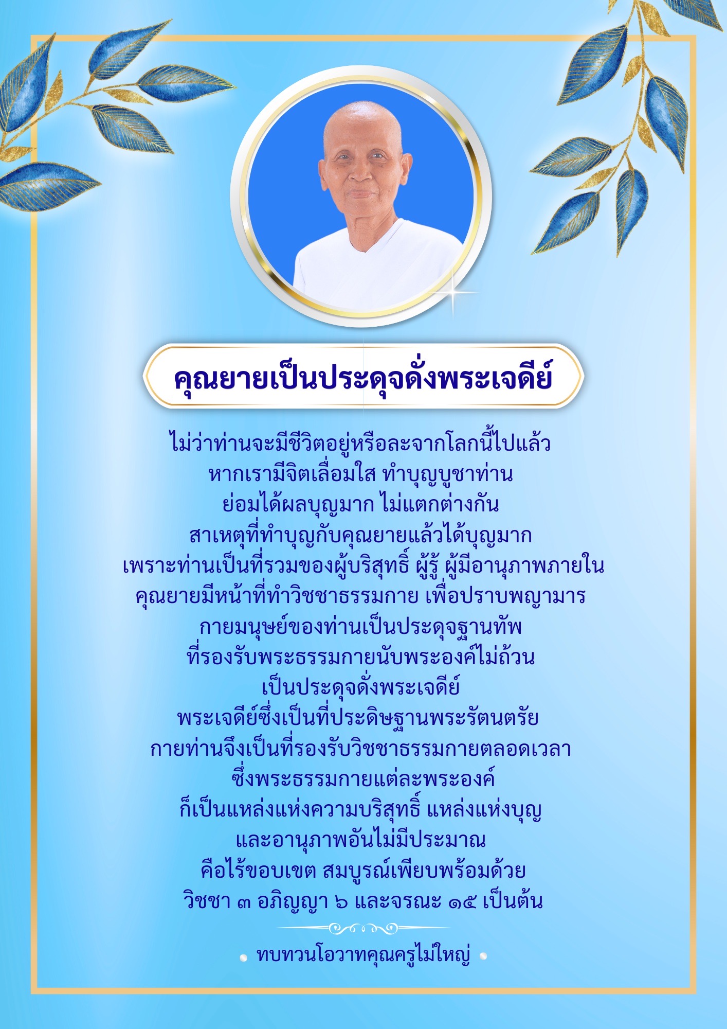 บทความนี้สำรวจความสำคัญของคุณยายในฐานะที่เป็นประดุจดั่งพระเจดีย์ ที่รองรับพระธรรมกายและวิชชาธรรมกาย พร้อมทั้งอธิบายถึงผลบุญที่เกิดจากการทำบุญกับท่าน ซึ่งเป็นแหล่งรวมของผู้บริสุทธิ์และอานุภาพที่ไม่มีประมาณ