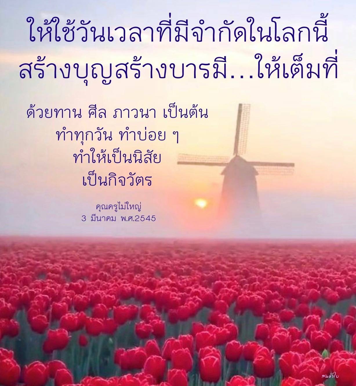 เรียนรู้วันเวลาที่มีจำกัดในโลก และวิธีสร้างบุญสร้างบารมีด้วยการทาน ศีล ภาวนาอย่างเต็มที่ ทำให้เป็นนิสัยและกิจวัตร ร่วมกับคำแนะนำจากคุณครูที่มีประสบการณ์ วันที่ 3 มีนาคม พ.ศ.2545