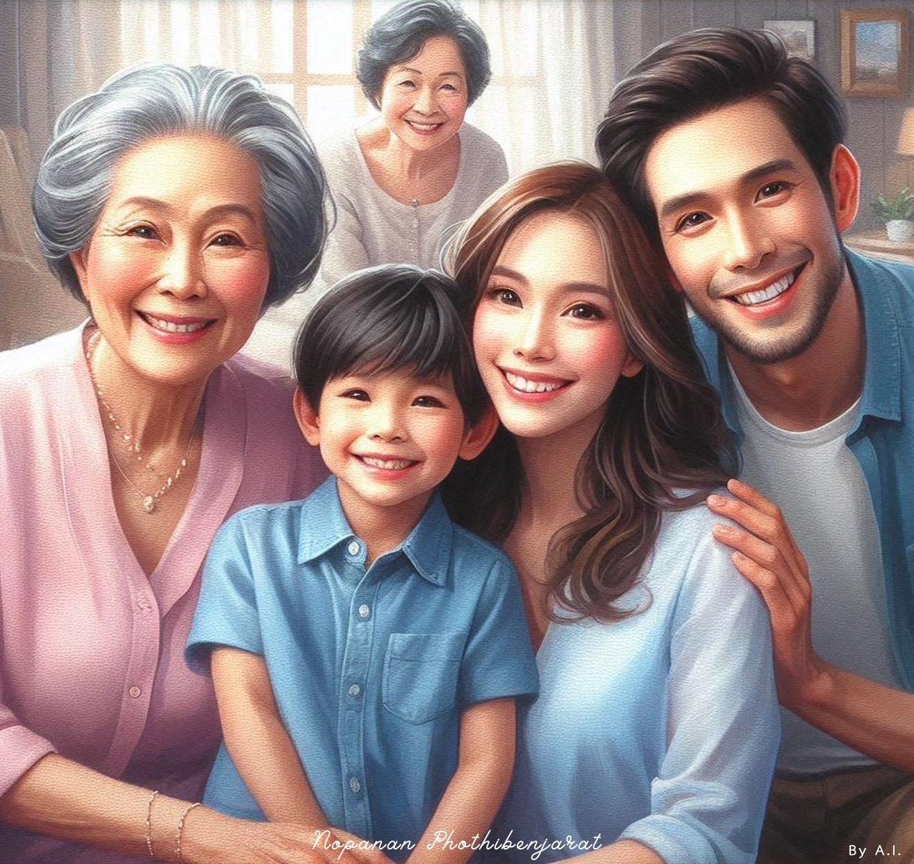 ภาพวาดที่แสดงถึงความอบอุ่นของครอบครัว ประกอบด้วยสมาชิกหลายรุ่นที่มาชื่นชมและสร้างความทรงจำร่วมกัน